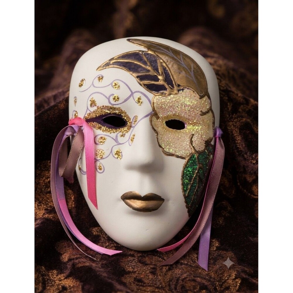 Vintage Porcelain Wall Mask 6 3/4" x 5" Gold Glitter Colorful Streamers New Box